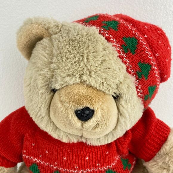 14" Vintage Tan CHRISTMAS TEDDY BEAR Stuffed Animal Plush Brown Windsor Toys Hat - Picture 5 of 11